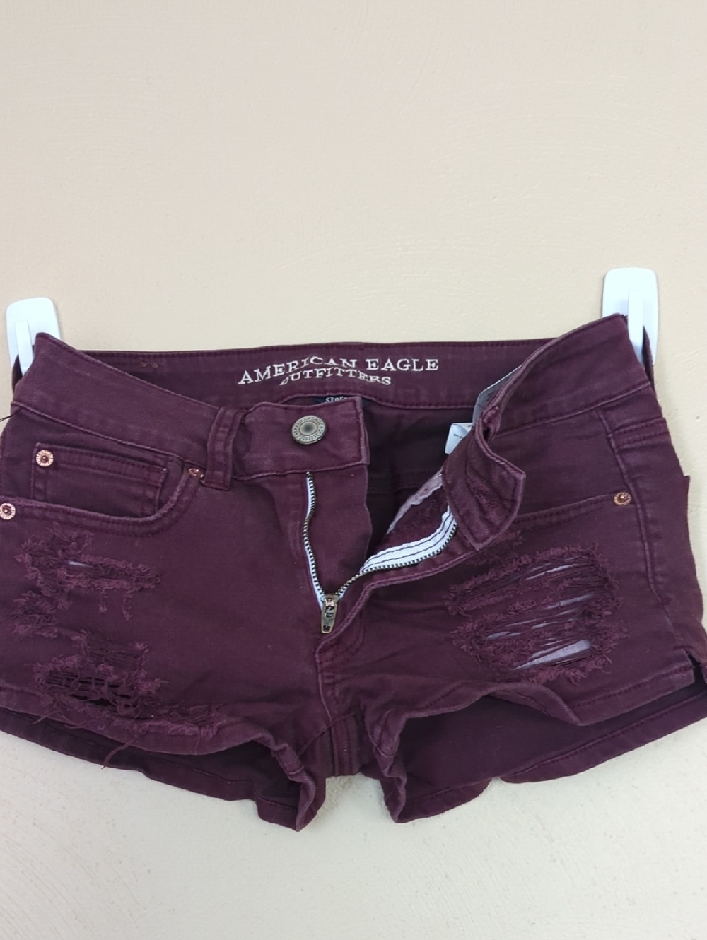 American Eagle Outfitters Women's Distressed Burgundy Denim Shorts